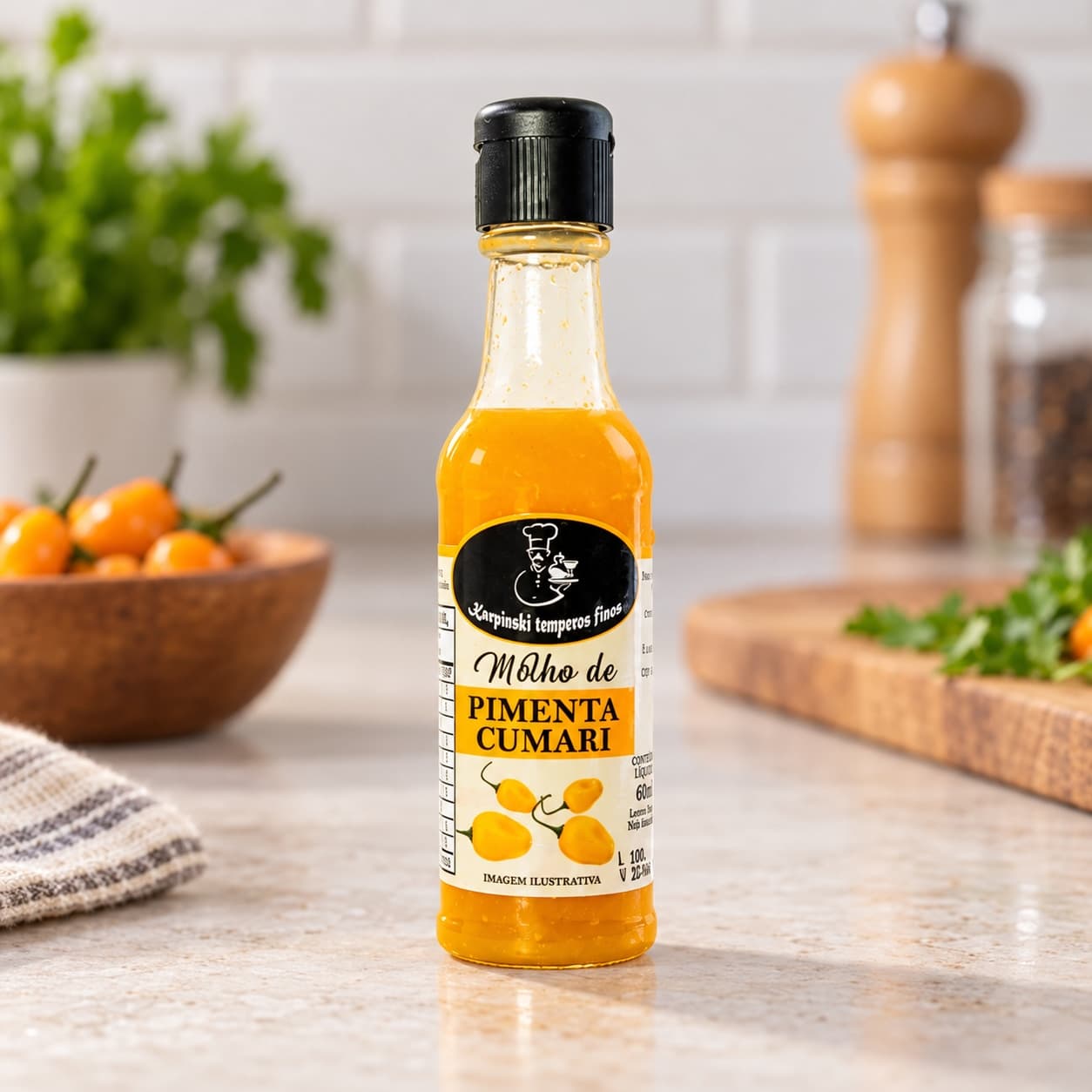 Molho de Pimenta Cumari Karpinski 60 ml — detalhe da embalagem e do rótulo