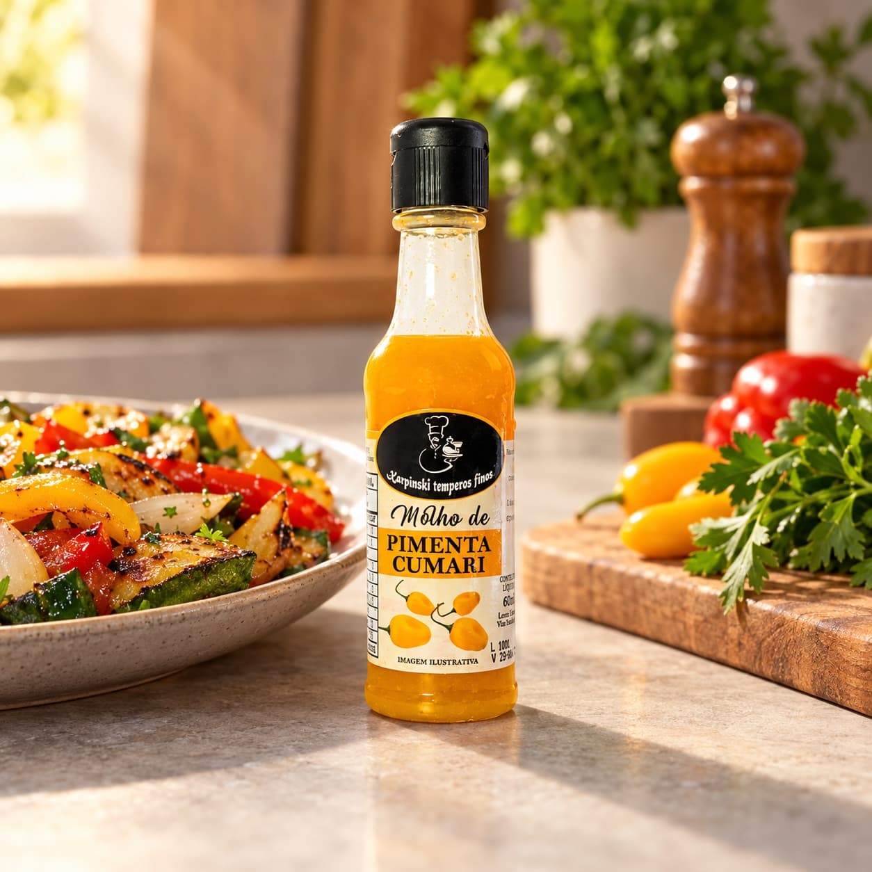 Molho de Pimenta Cumari Karpinski 60 ml — com legumes cozidos