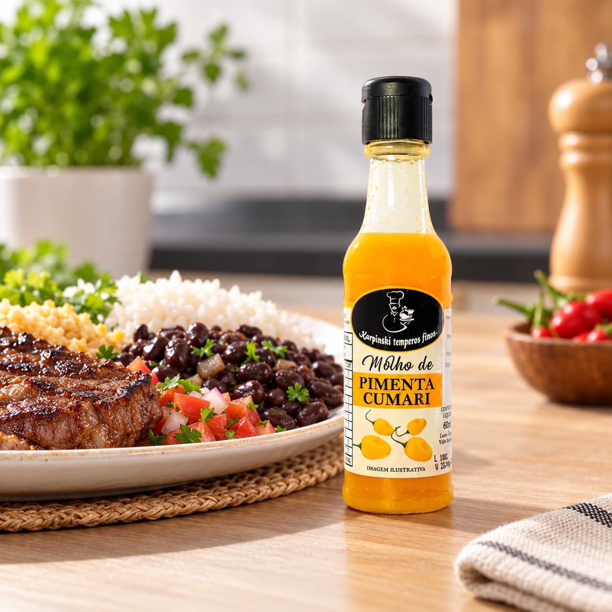 Molho de Pimenta Cumari Karpinski 60 ml — ao lado de refeição salgada