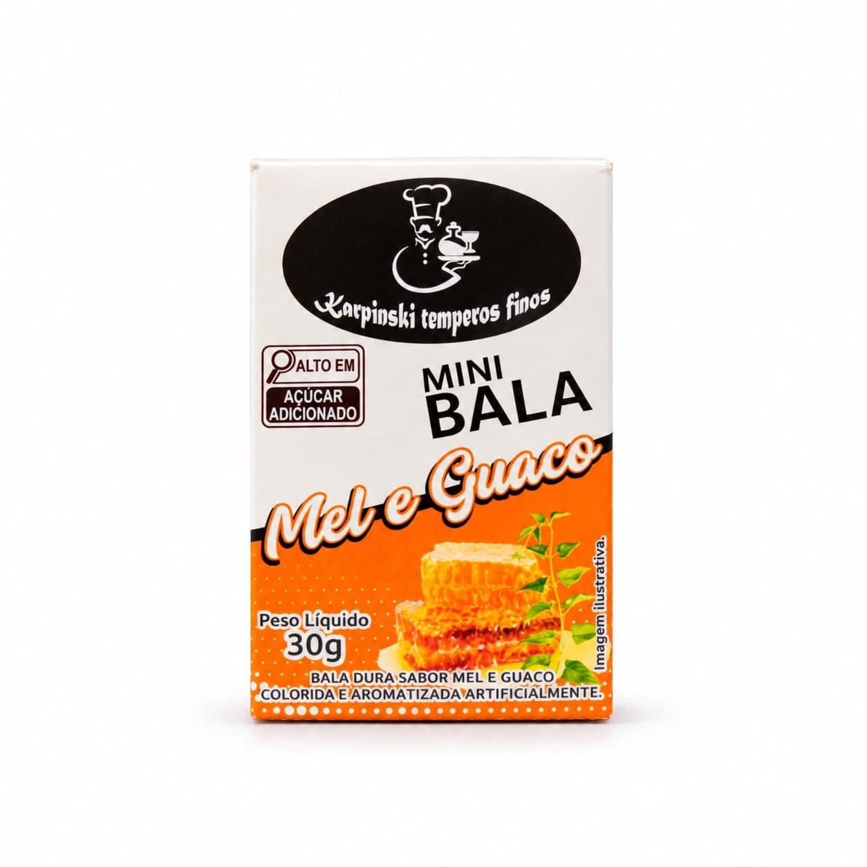 Mini Bala de Mel e Guaco Display com 12 Karpinski — caixinha de 30 g em fundo branco
