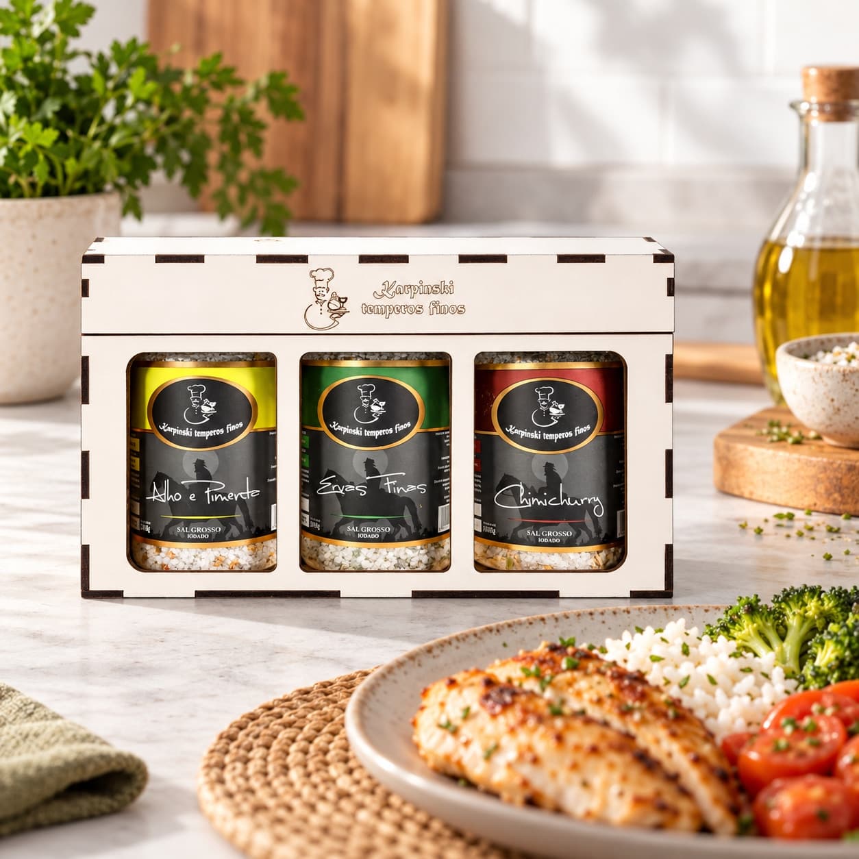 Kit Toque Gourmet Karpinski — ao lado de refeição com arroz e legumes