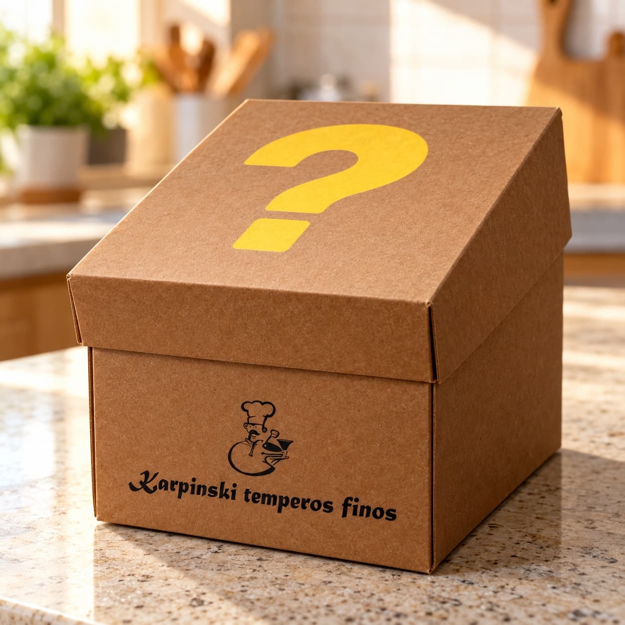Caixa Misteriosa de Produtos Surpresa Karpinski — caixa fechada na cozinha