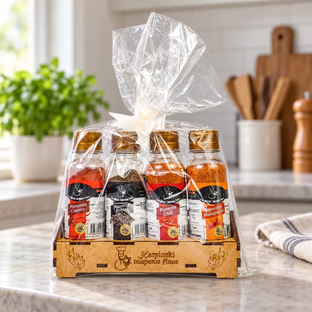 Kit de Pimentas Linha Gourmet Karpinski — na bancada da cozinha