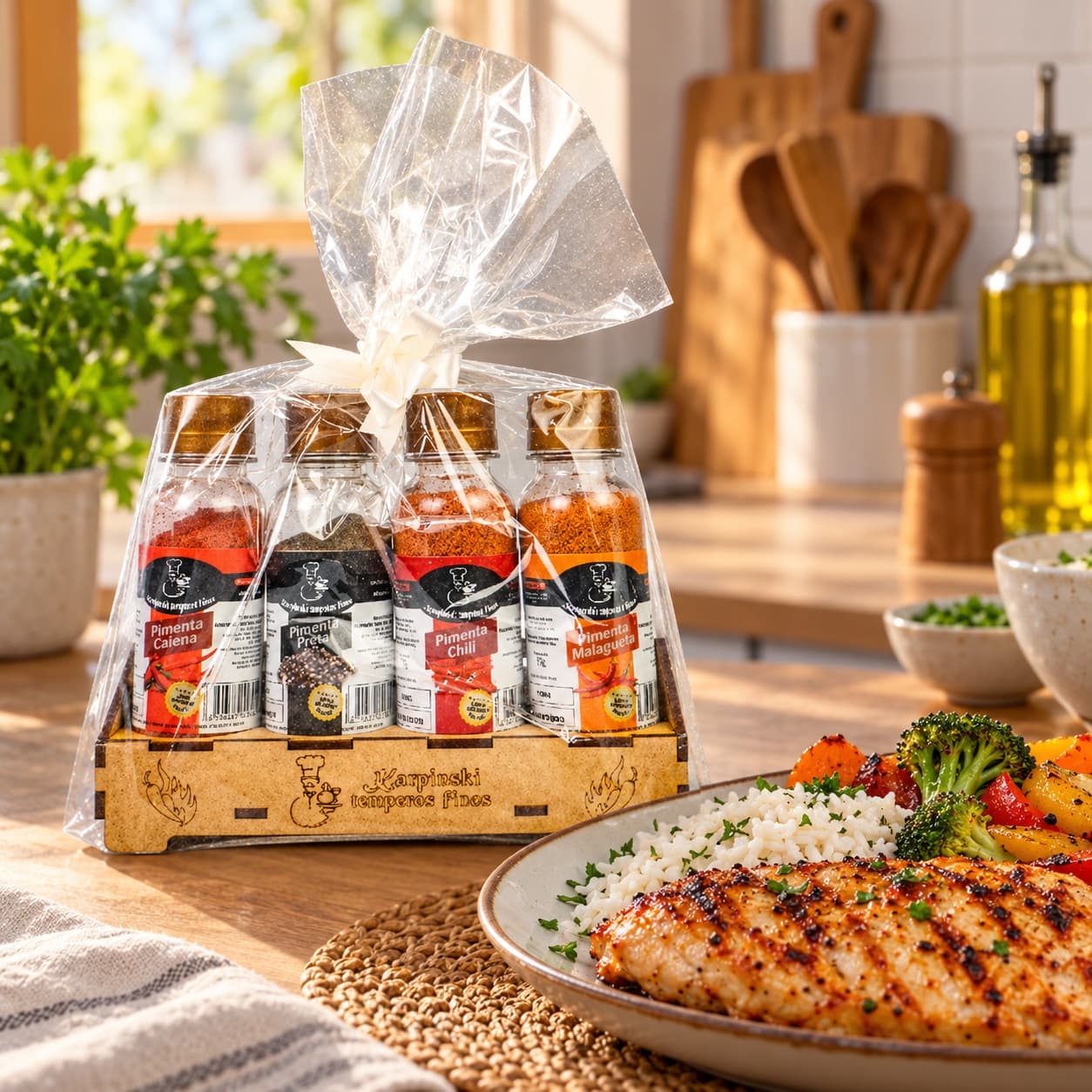 Kit de Pimentas Linha Gourmet Karpinski — ao lado de frango grelhado, arroz e legumes