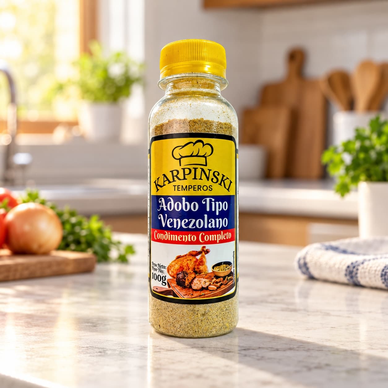 Tempero Adobo Venezolano Completo Karpinski 100 g — na bancada da cozinha
