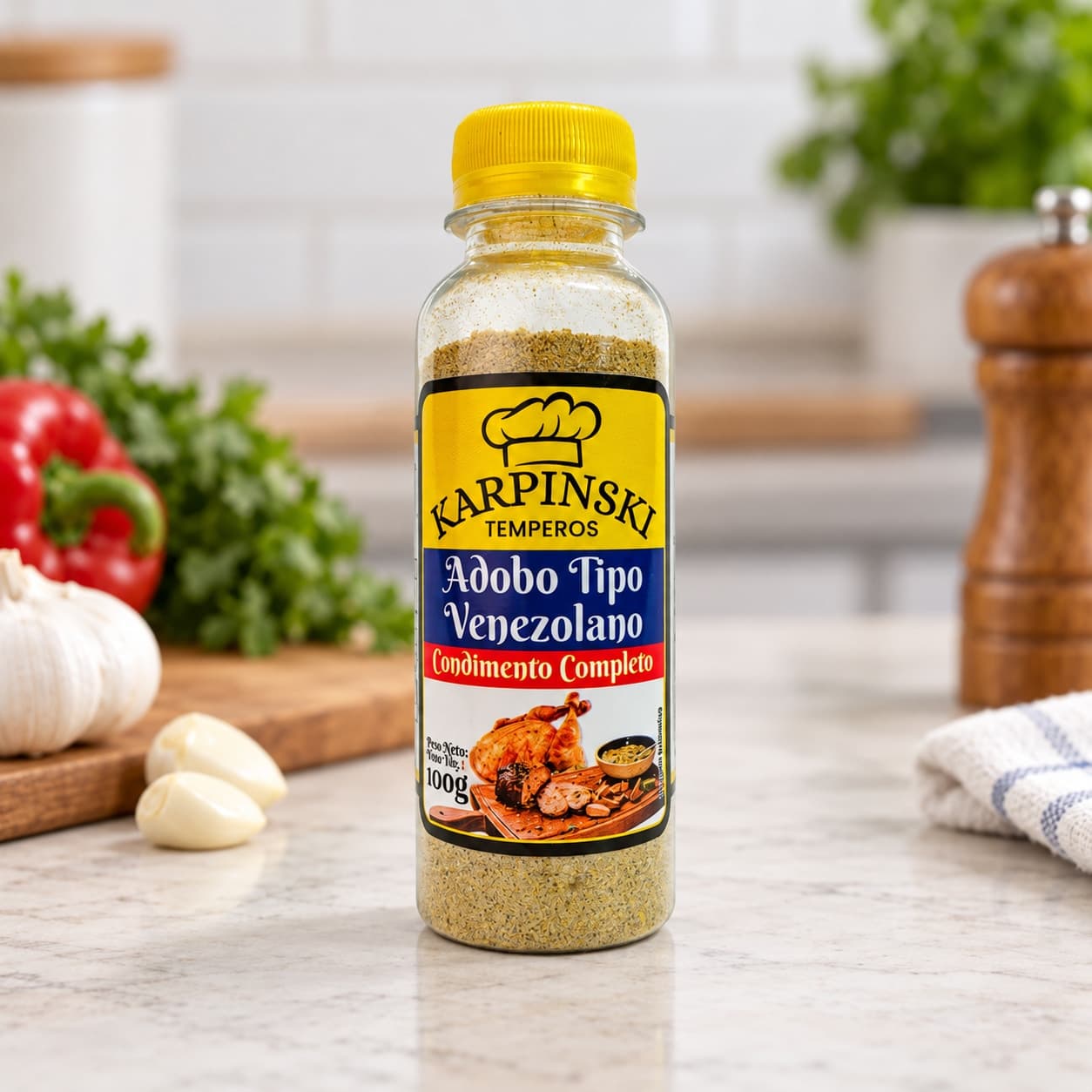Tempero Adobo Venezolano Completo Karpinski 100 g — detalhe da embalagem e do rótulo