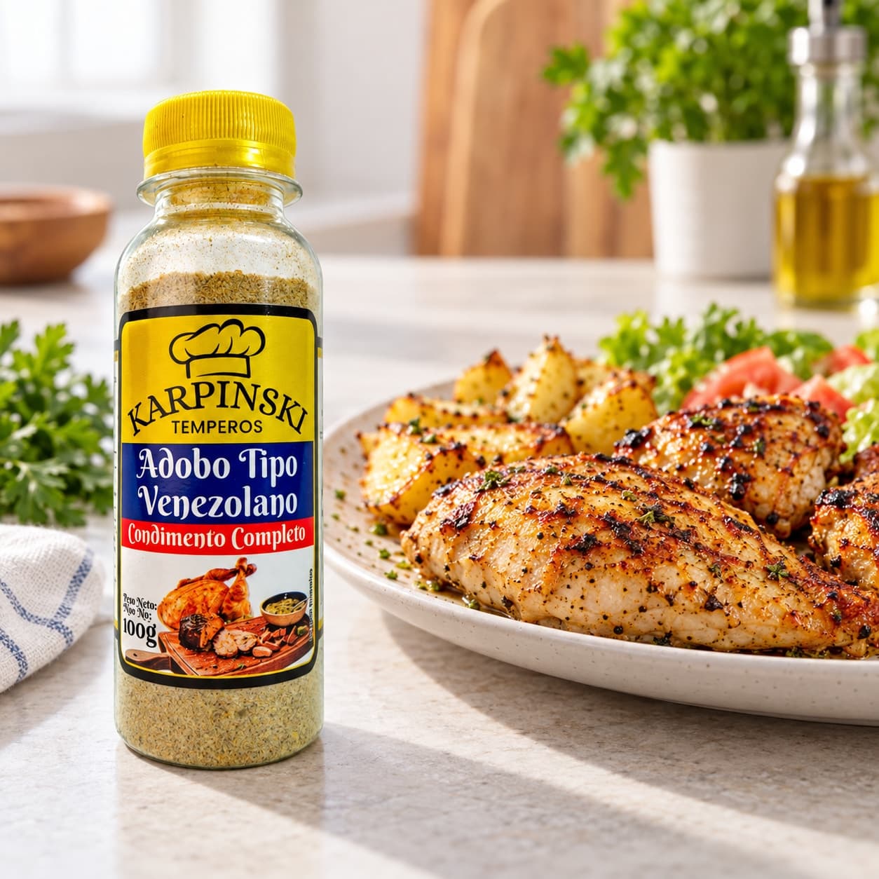 Tempero Adobo Venezolano Completo Karpinski 100 g — ao lado de frango grelhado