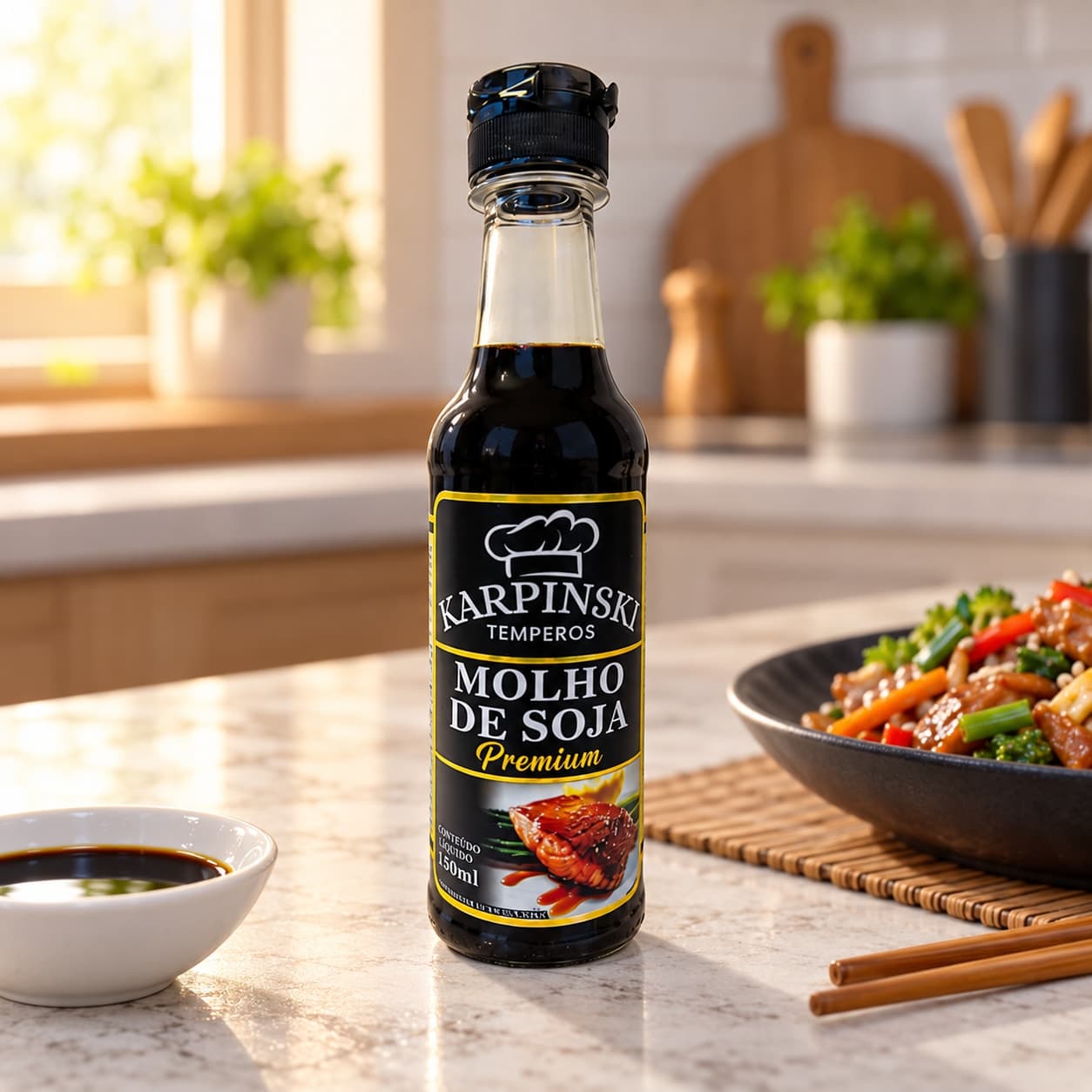 Molho de Soja Premium Karpinski 150 ml — na bancada da cozinha