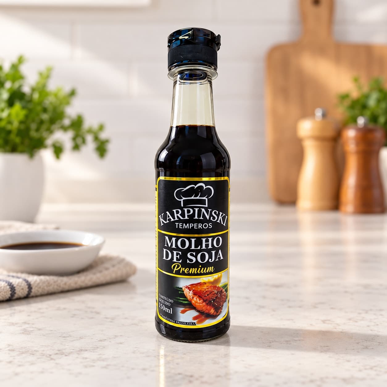 Molho de Soja Premium Karpinski 150 ml — detalhe da embalagem e do rótulo