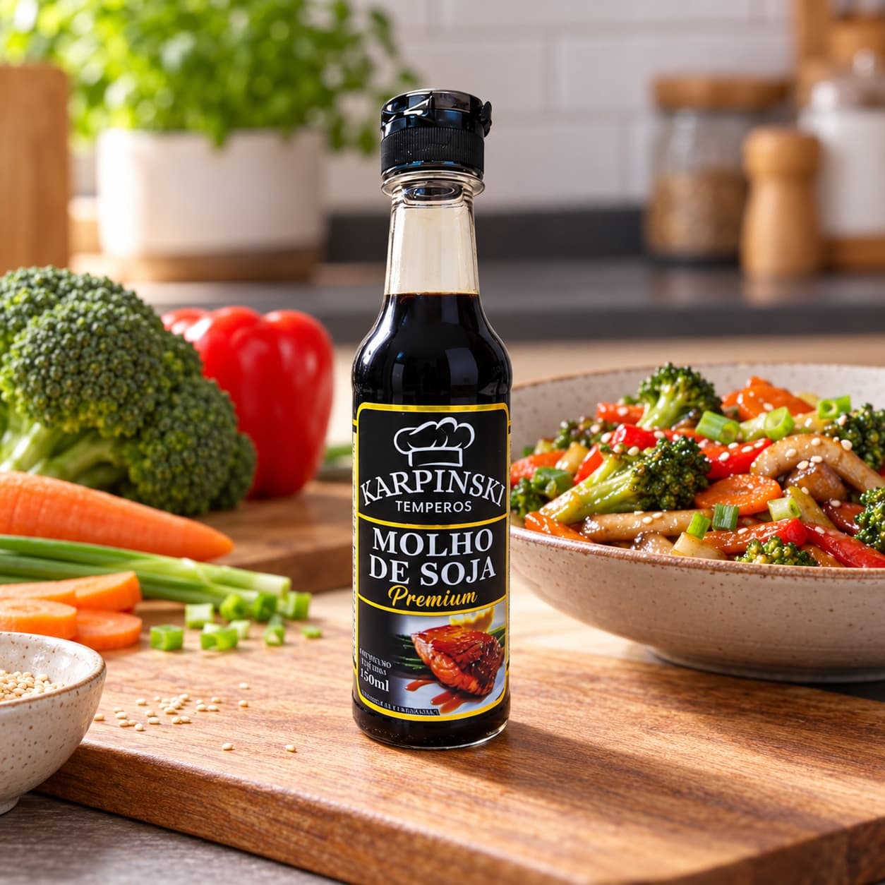 Molho de Soja Premium Karpinski 150 ml — no preparo com legumes cozidos