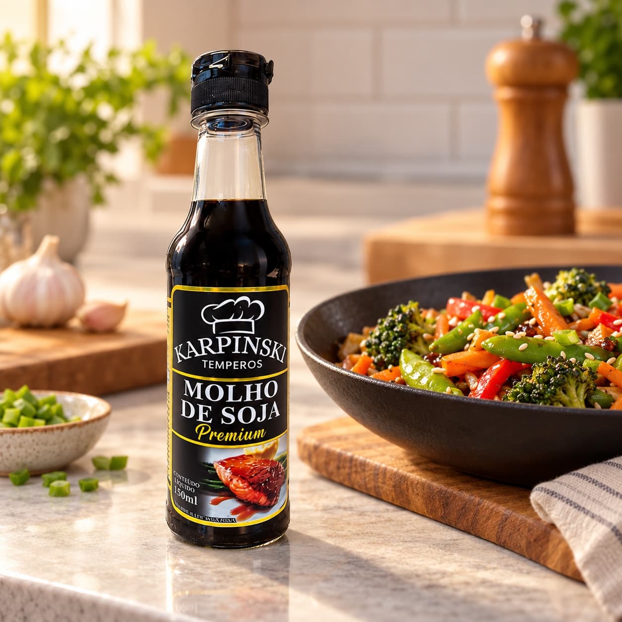 Molho de Soja Premium Karpinski 150 ml — com legumes cozidos