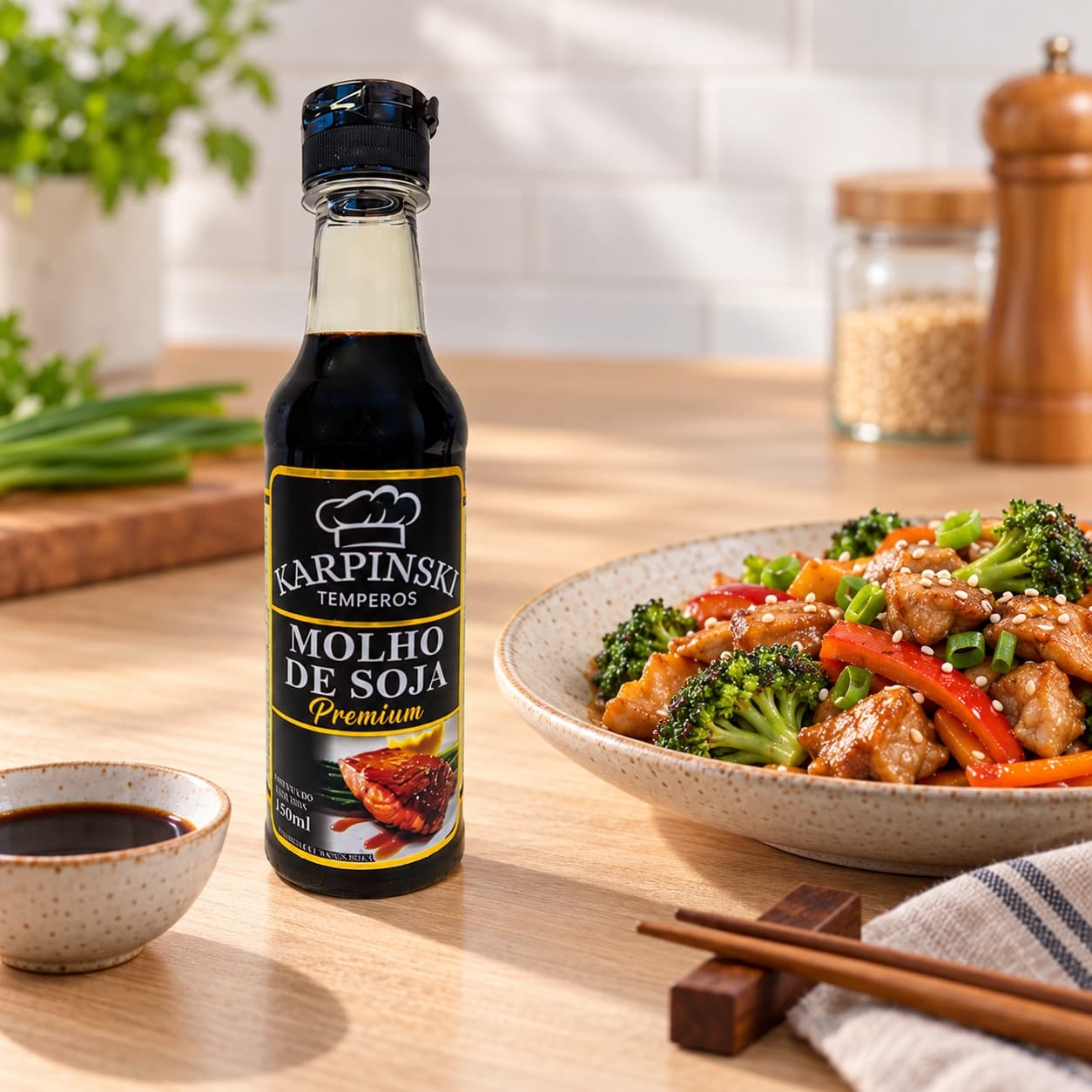 Molho de Soja Premium Karpinski 150 ml — ao lado de refeição salgada