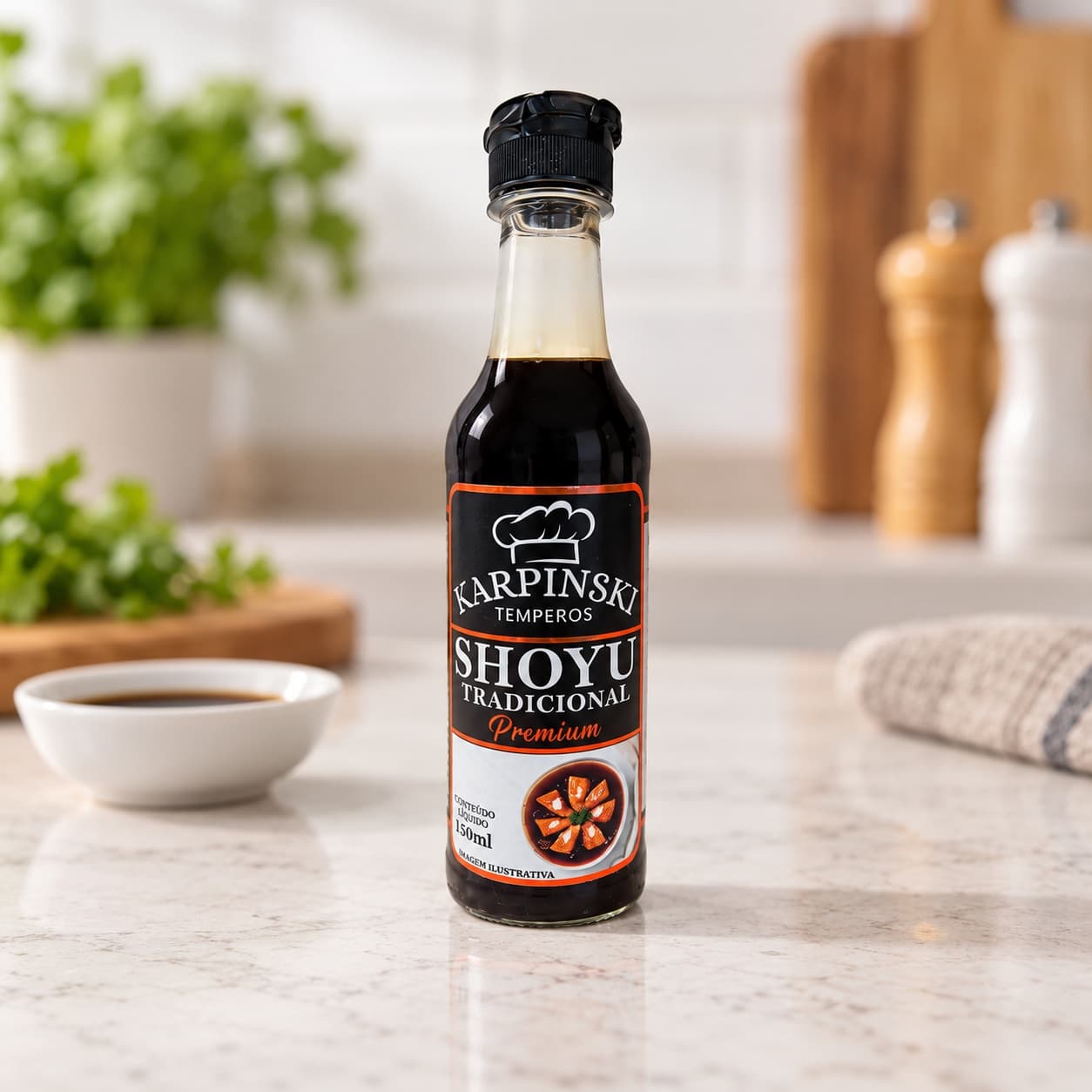 Molho Shoyu Premium Karpinski 150 ml — detalhe da embalagem e do rótulo