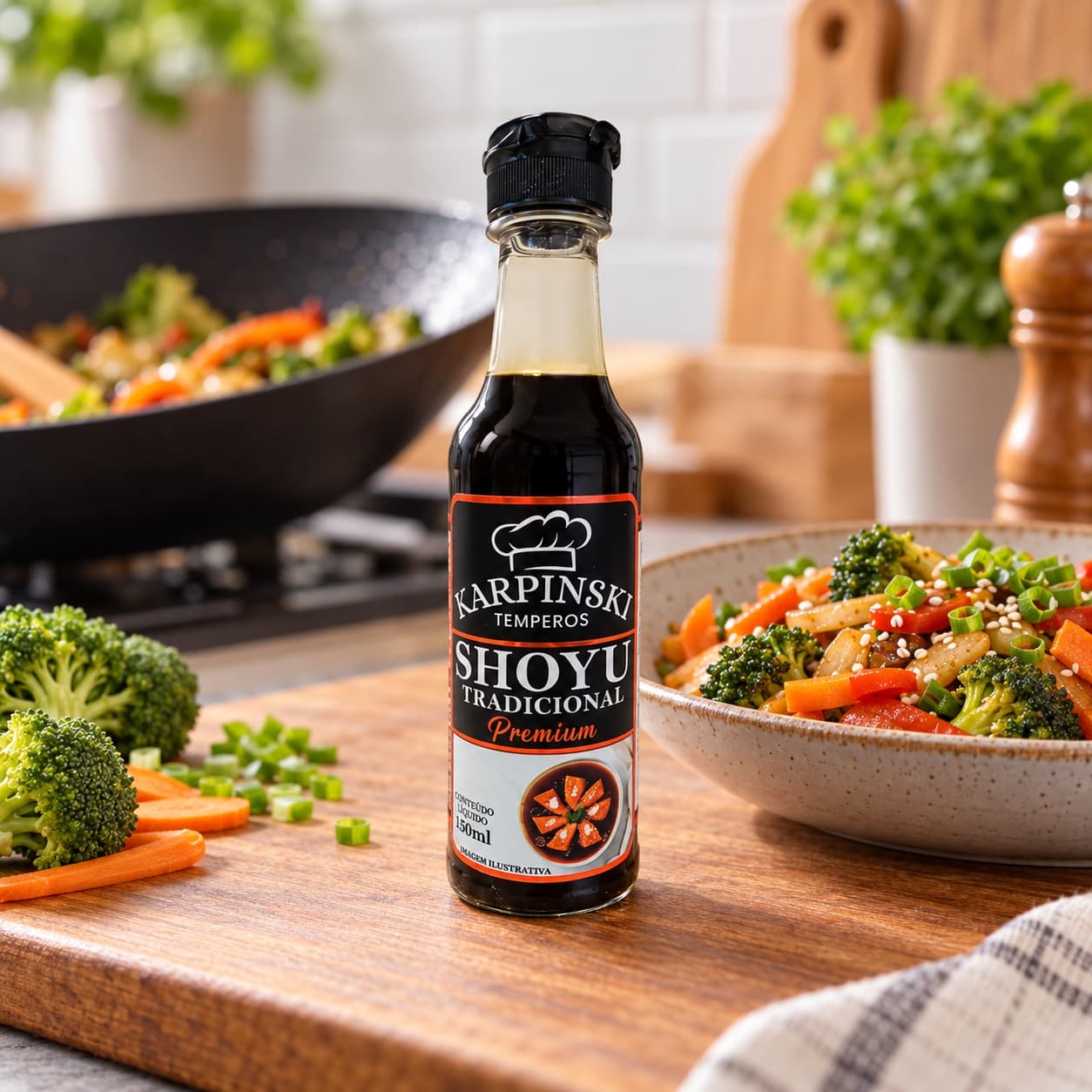 Molho Shoyu Premium Karpinski 150 ml — no preparo com legumes cozidos