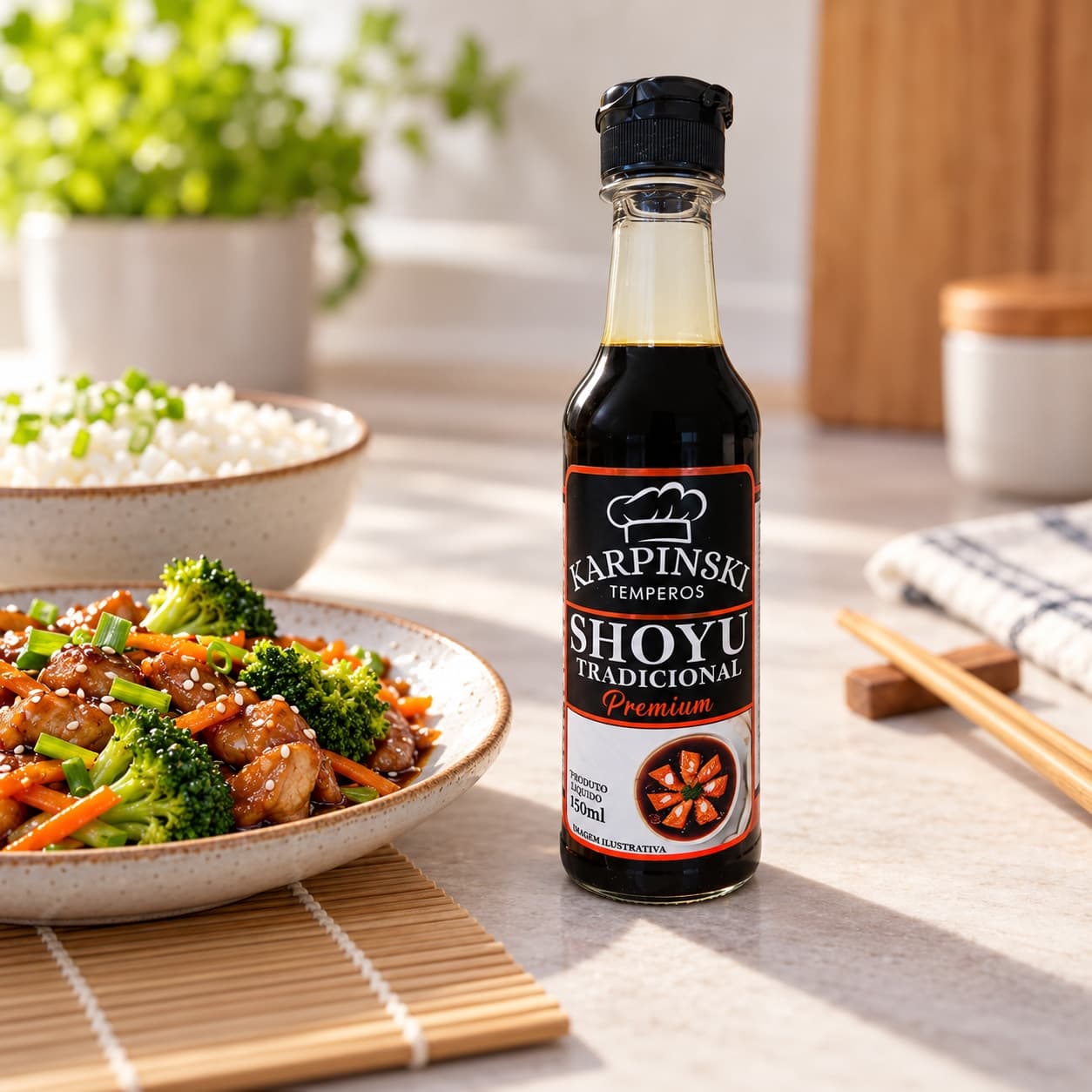 Molho Shoyu Premium Karpinski 150 ml — ao lado de refeição salgada