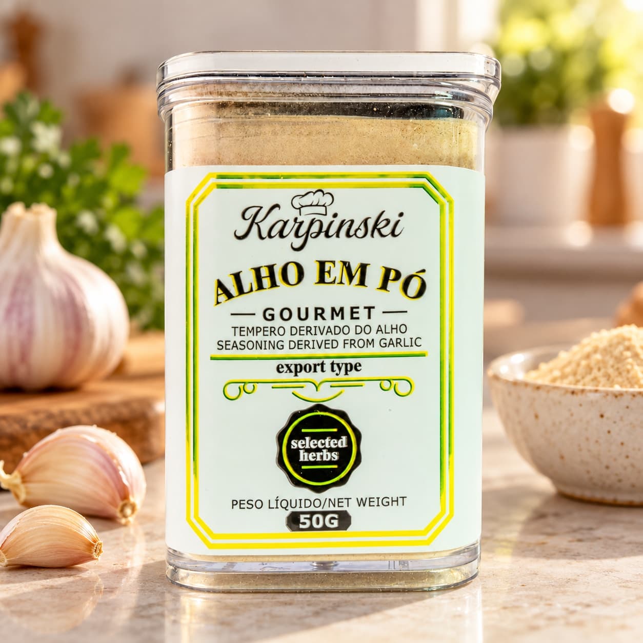 Tempero Alho em Pó Gourmet Karpinski 50 g — na bancada da cozinha