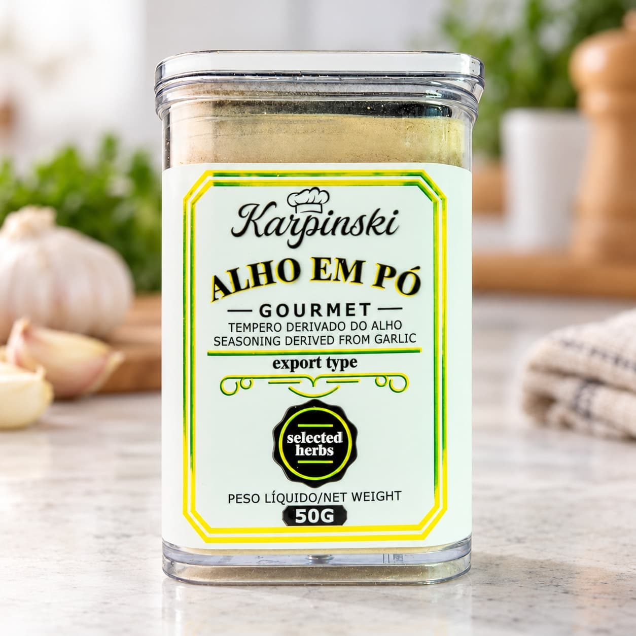 Tempero Alho em Pó Gourmet Karpinski 50 g — detalhe da embalagem e do rótulo