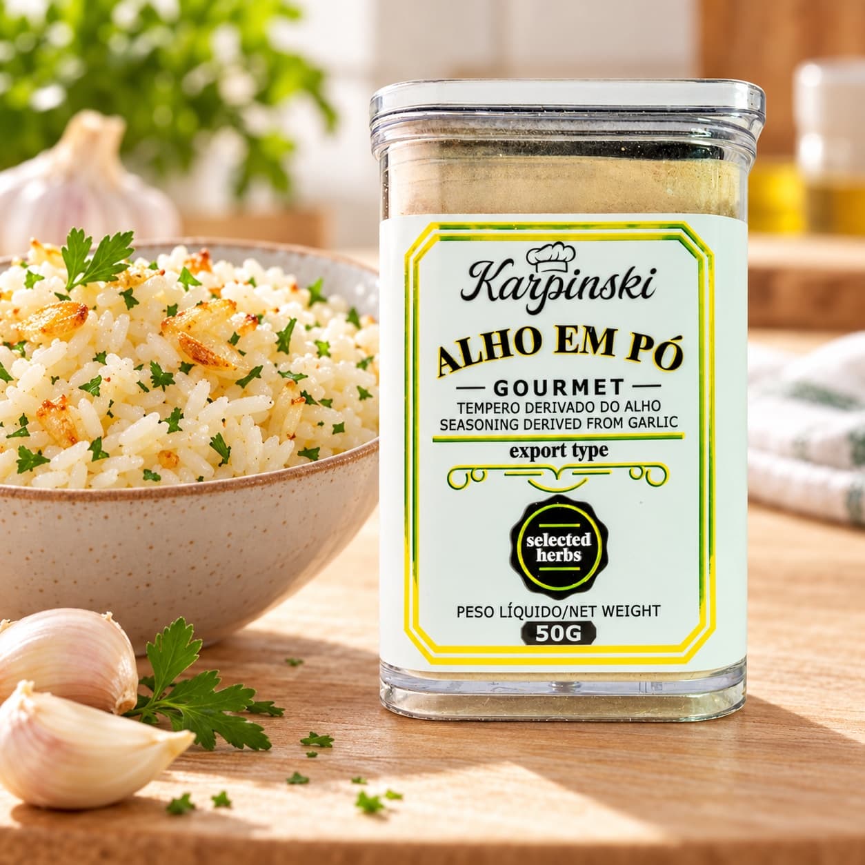 Tempero Alho em Pó Gourmet Karpinski 50 g — ao lado de arroz com alho