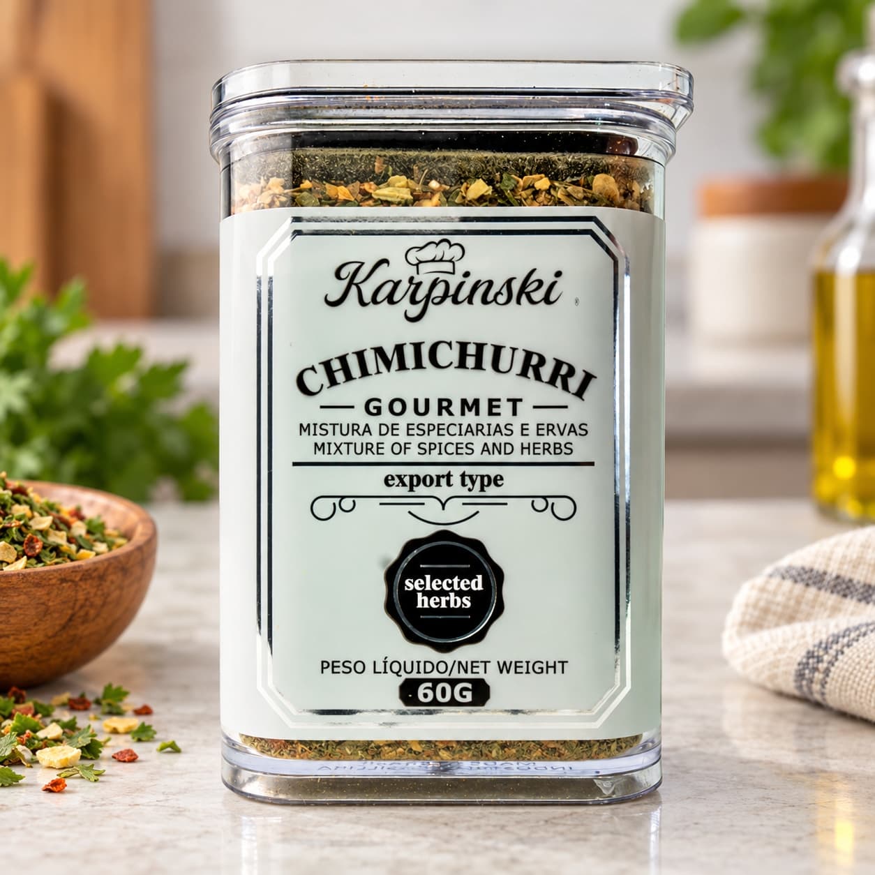 Tempero Chimichurri Gourmet Karpinski 60 g — detalhe da embalagem e do rótulo