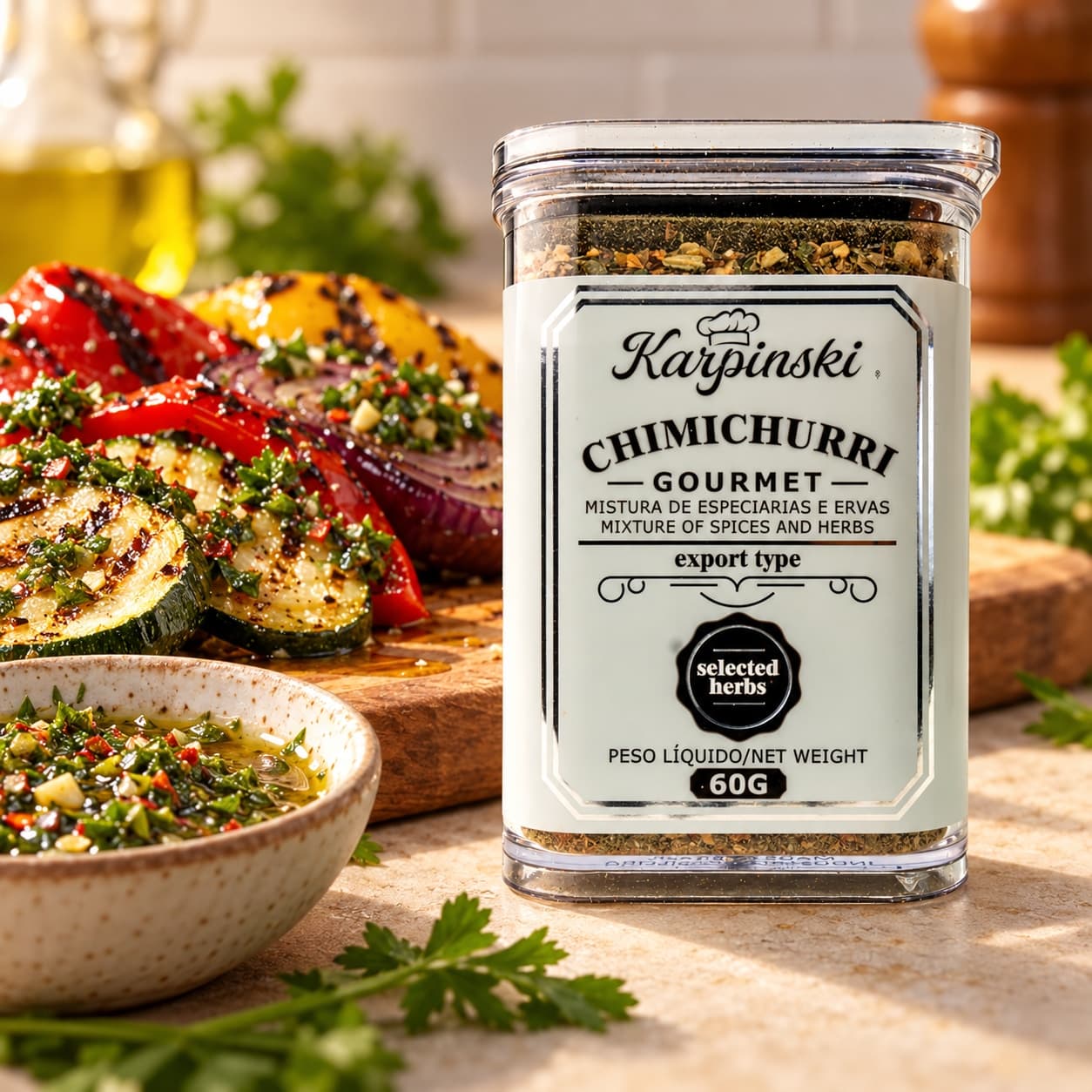 Tempero Chimichurri Gourmet Karpinski 60 g — com legumes grelhados com chimichurri