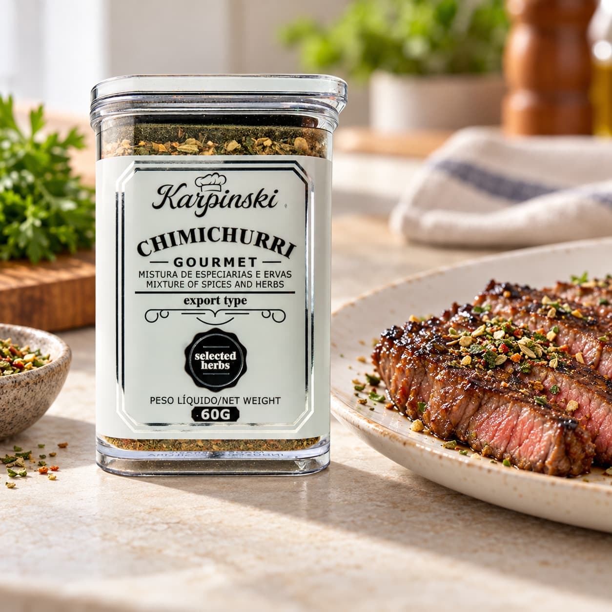 Tempero Chimichurri Gourmet Karpinski 60 g — ao lado de carne grelhada