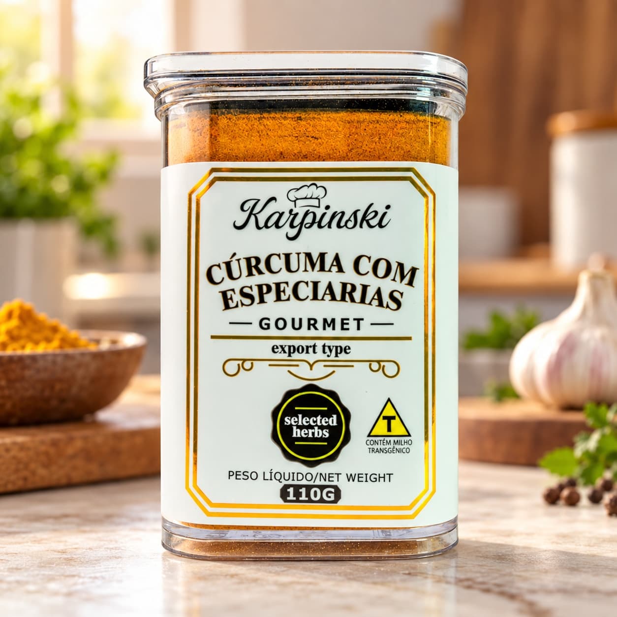 Tempero Cúrcuma com Especiarias Karpinski 110 g — na bancada da cozinha