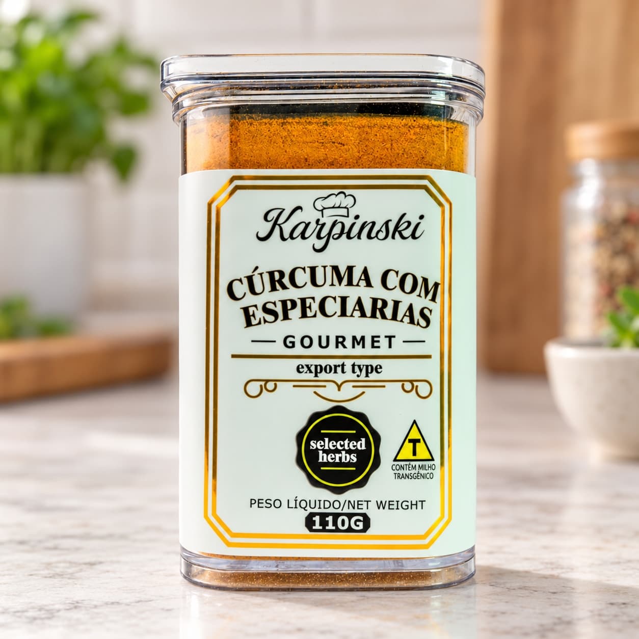 Tempero Cúrcuma com Especiarias Karpinski 110 g — detalhe da embalagem e do rótulo