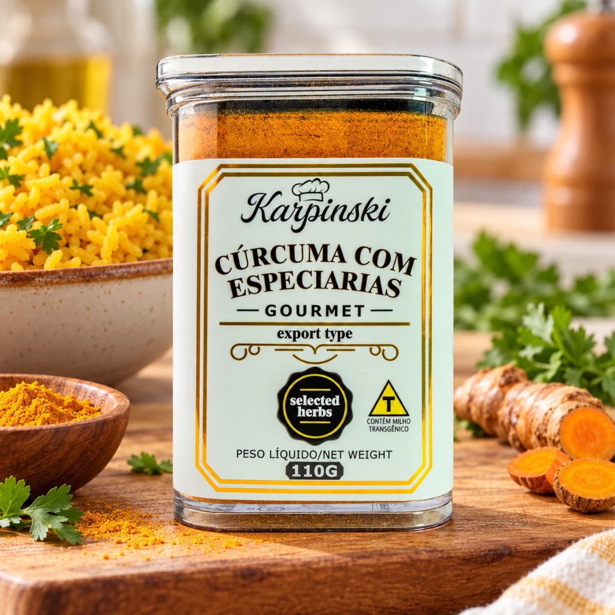 Tempero Cúrcuma com Especiarias Karpinski 110 g — no preparo com arroz dourado