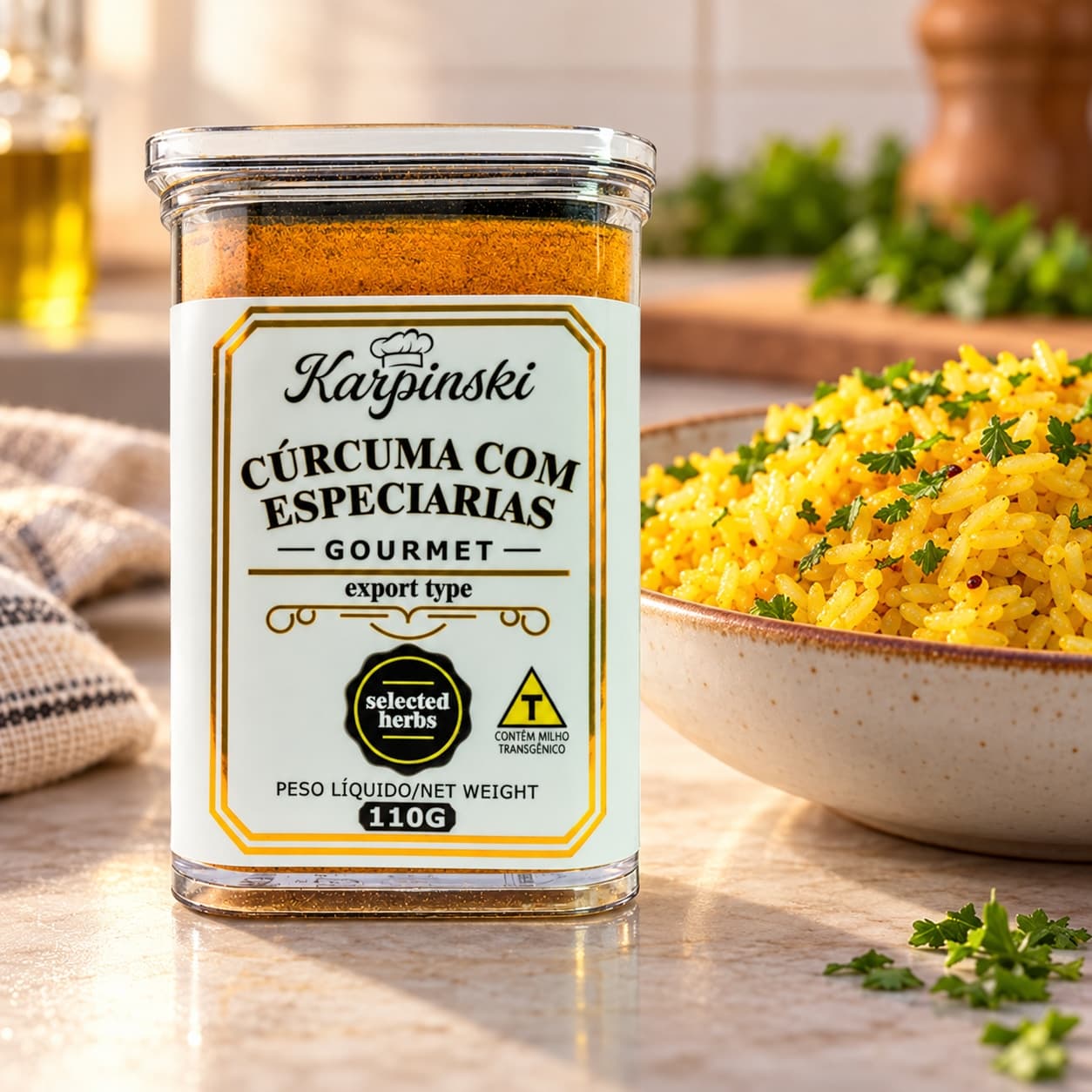 Tempero Cúrcuma com Especiarias Karpinski 110 g — com arroz dourado