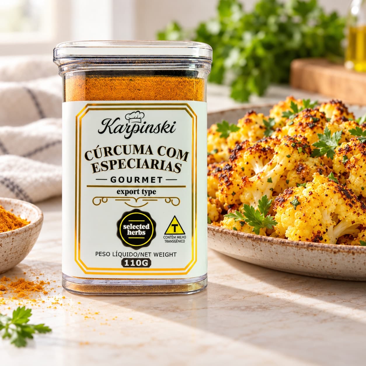 Tempero Cúrcuma com Especiarias Karpinski 110 g — ao lado de couve-flor assada