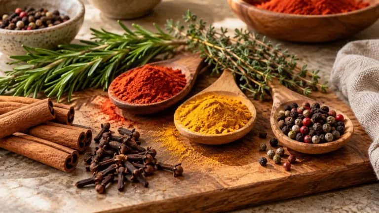 Ervas e especiarias aromáticas dispostas em colheres de madeira