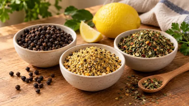 Pimenta-do-reino, lemon pepper e chimichurri em três tigelas
