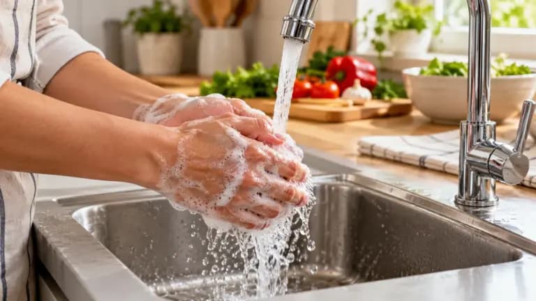 Mãos sendo lavadas com água e sabão na pia da cozinha