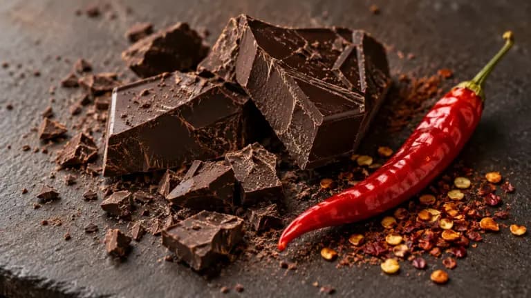 Pedaços de chocolate amargo ao lado de pimenta vermelha