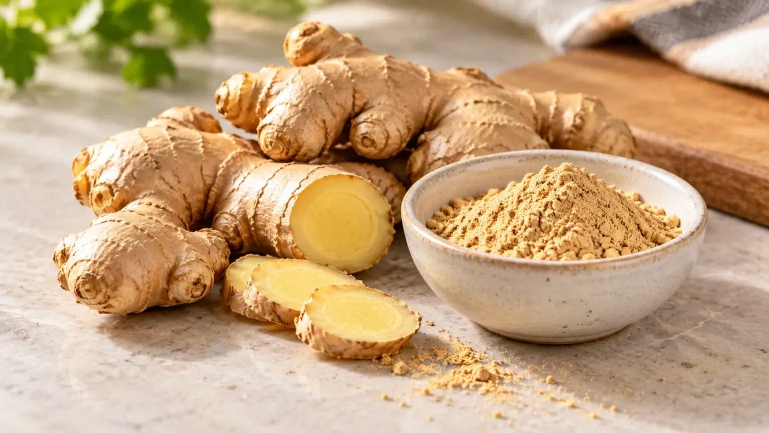 Raiz fresca de gengibre e gengibre em pó em uma tigela