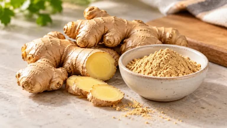 Raiz fresca de gengibre e gengibre em pó em uma tigela