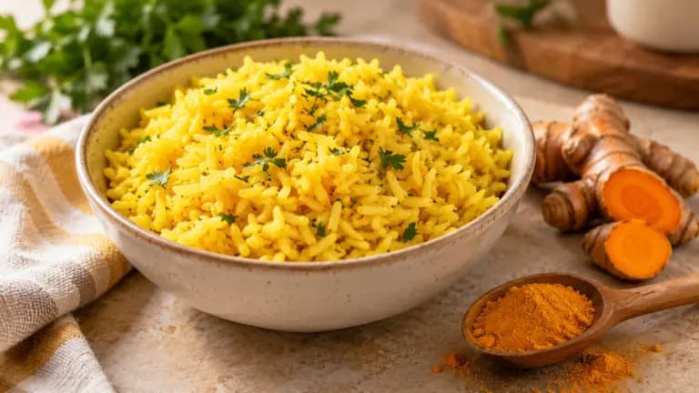 Arroz amarelo com cúrcuma e uma colher da especiaria em pó