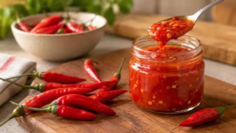 Molho vermelho de pimenta malagueta em pote de vidro