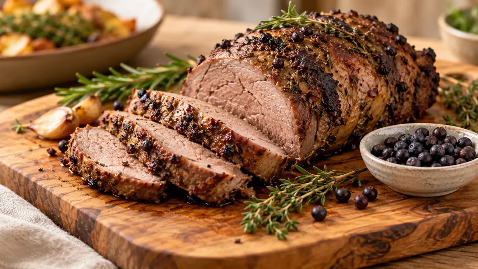 Assado de carne com bagas de zimbro na apresentação