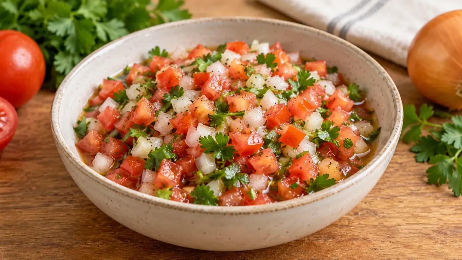 Vinagrete brasileiro com tomate, cebola e salsinha picados