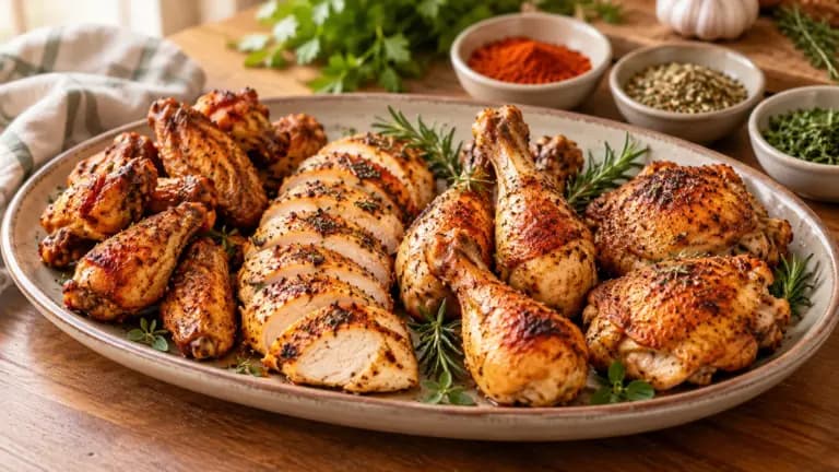 Asas, peito, coxas e sobrecoxas de frango assados com temperos