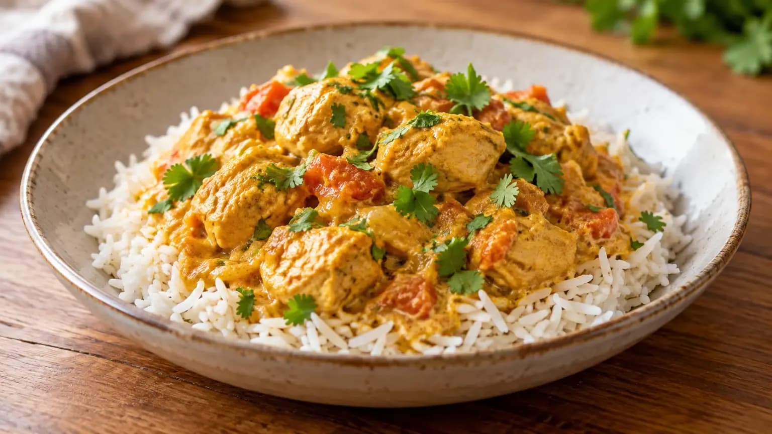 Frango ao Curry com Arroz Basmati e Leite de Coco