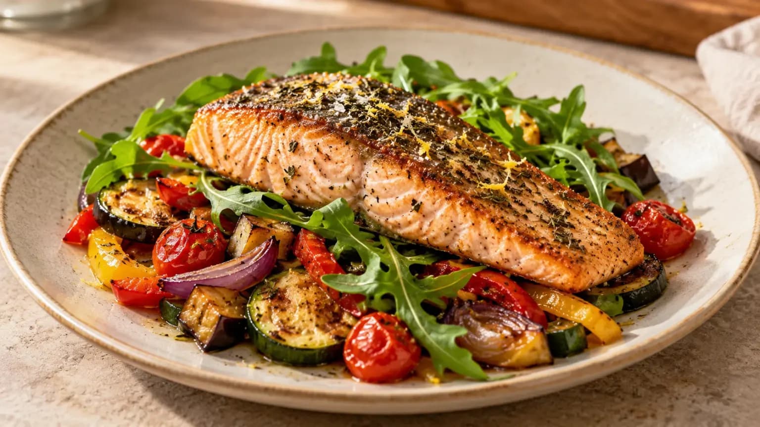 Salmão Grelhado com Blend Mediterrâneo e Legumes Assados