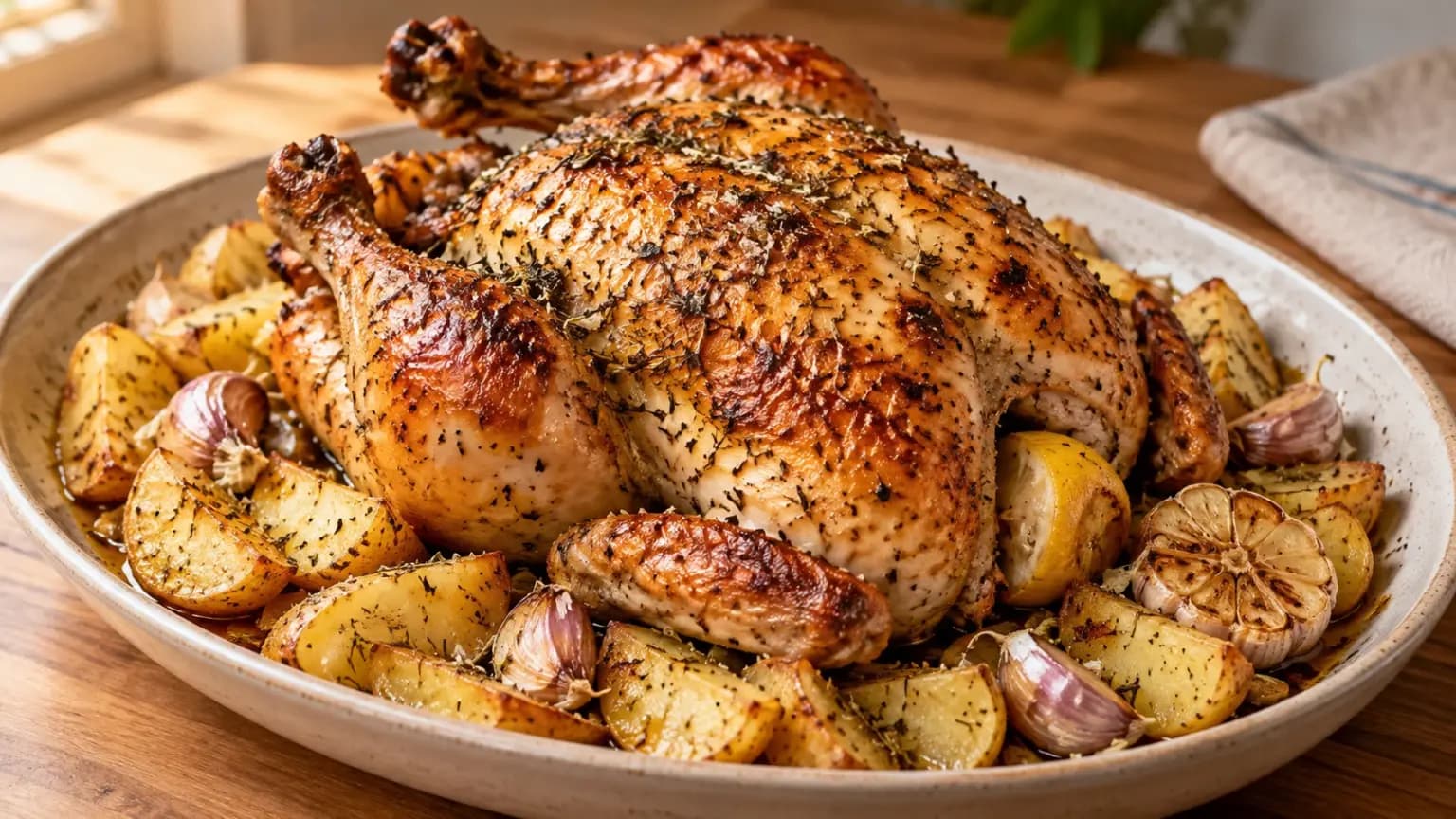 Frango Assado Inteiro com Ervas Provençais e Batatas Rústicas
