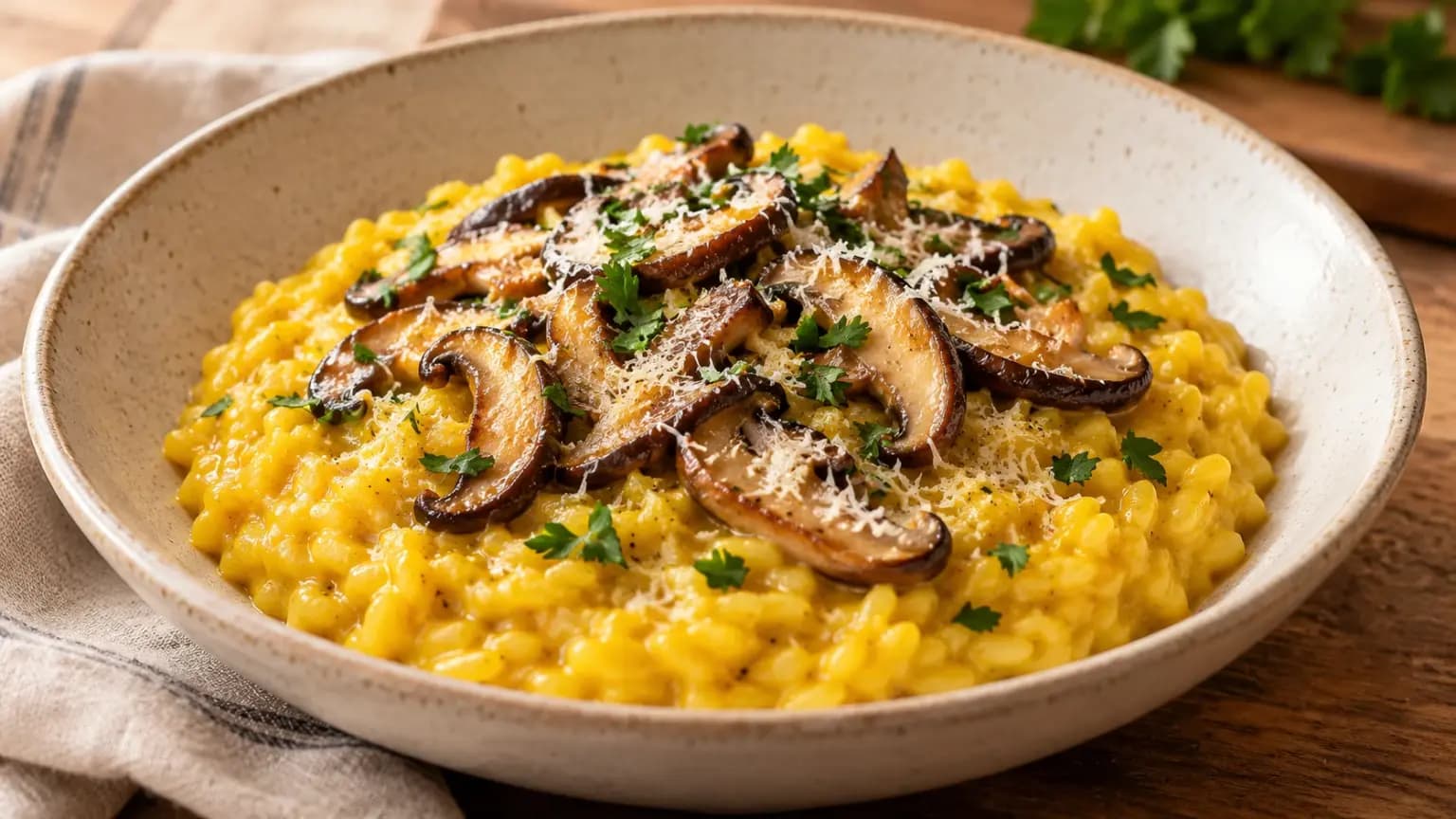 Risoto de Cúrcuma com Cogumelos Shiitake e Parmesão