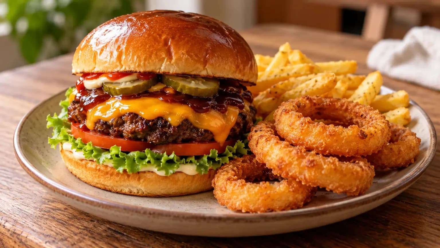 Hambúrguer Artesanal com Barbecue Gourmet e Onion Rings