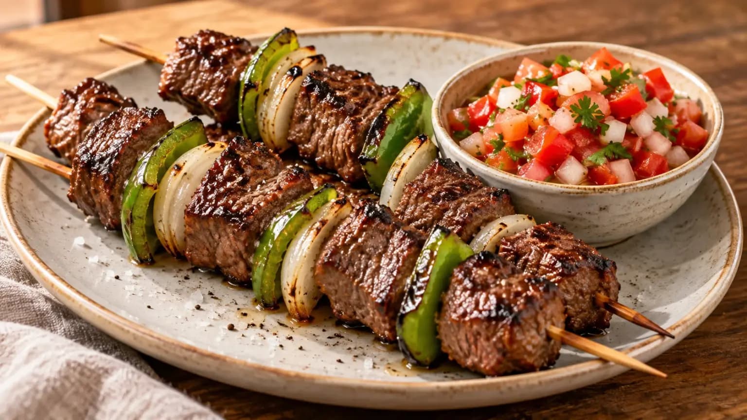 Espetinho de Carne com Vinagrete Temperado ao Estilo Brasileiro