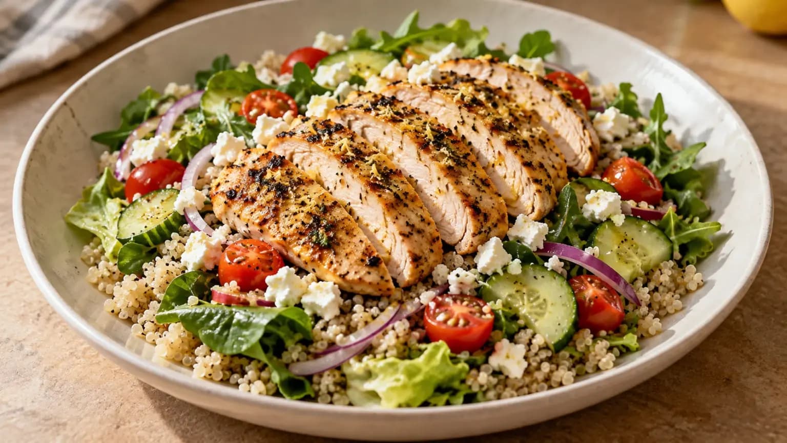 Frango grelhado com lemon pepper, quinoa e salada verde